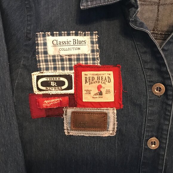 Upcycled Labels Jean Jacket, S-M: Cropped Shirt Coat, Sewn-On Clothing Labels - Picture 13 of 14